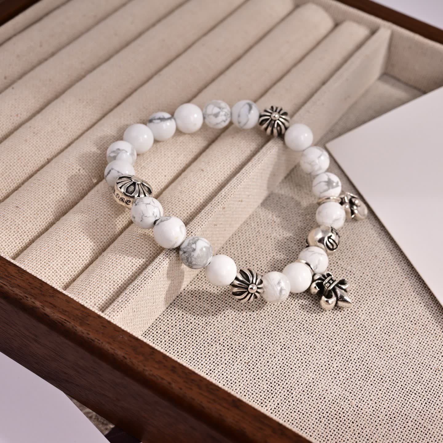 Chrome Hearts White Marble Bead Bracelet with Silver Charms